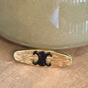 Gold Textured Bar Brooch with Black Double C Style Detail